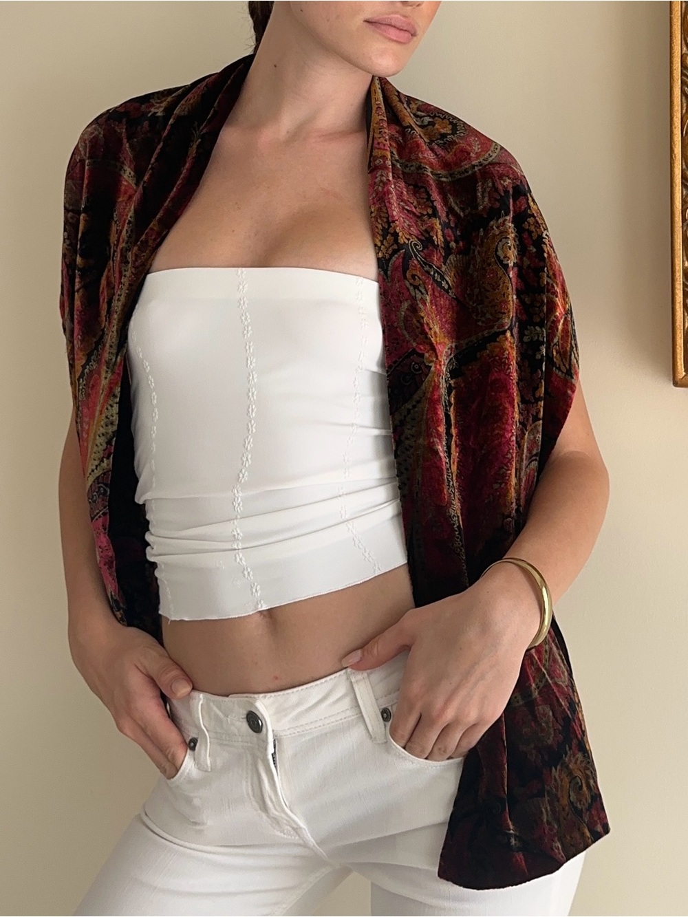 90s vintage Velvet Paisley Wrap Shrug - Wine Multi